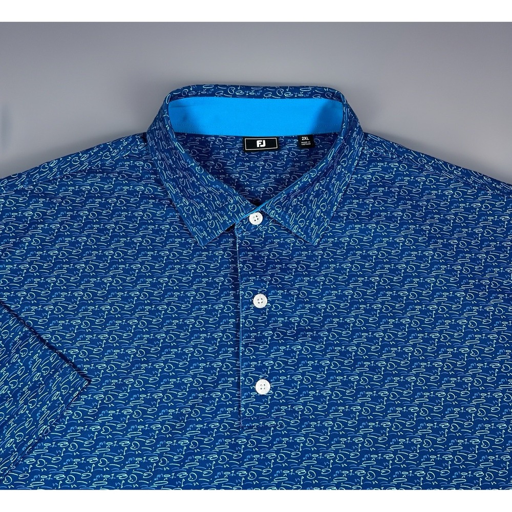 FootJoy Mens 2XL Deep Blue Golf Course Doodle Print Performance Golf Polo 29971